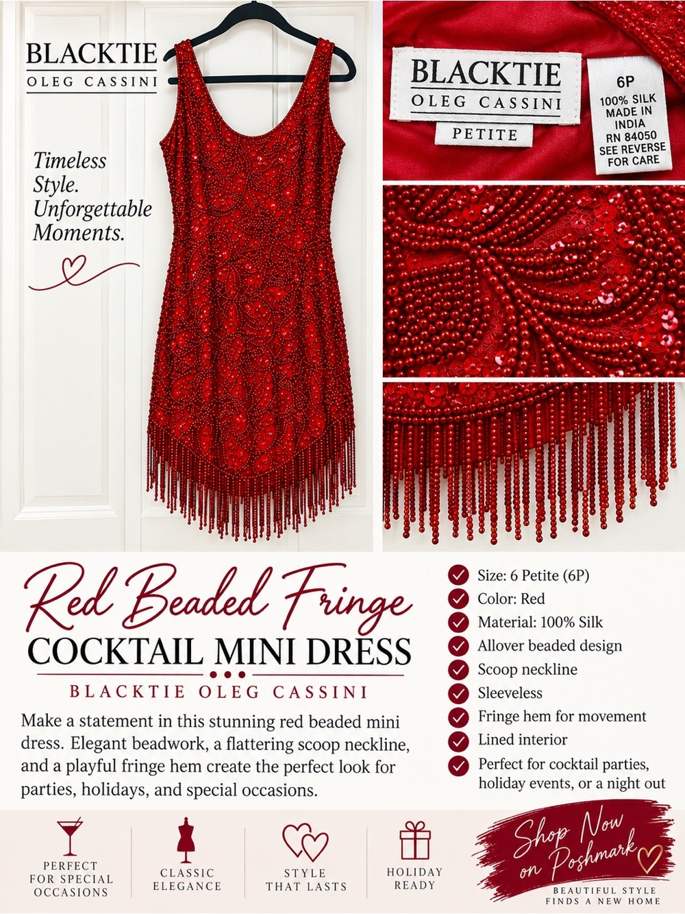 Blacktie Oleg Cassini Red Beaded Fringe Mini Dress